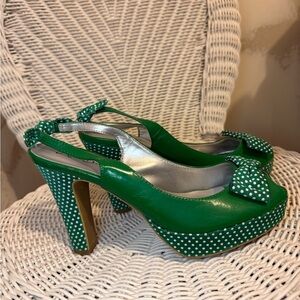 Green and White Studded Slingback Heels
